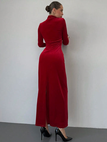 New Slim Fit Warm Stand Collar Long Sleeve Cinched Waist Extra-Long Versatile Knit Dress