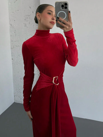 New Slim Fit Warm Stand Collar Long Sleeve Cinched Waist Extra-Long Versatile Knit Dress