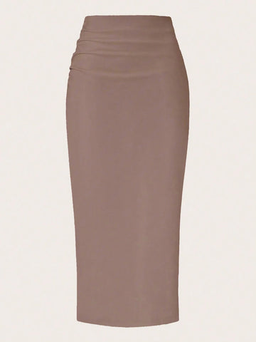 Raffin�a Solid Color Pleated Back Zipper Slit Skirt
