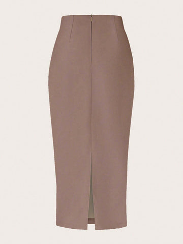 Raffin�a Solid Color Pleated Back Zipper Slit Skirt