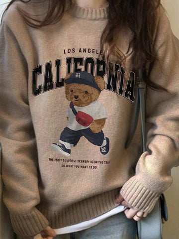 Women Casual Chic Digital Print Warm Pullover Sweatshirt With Cute Bear Pattern