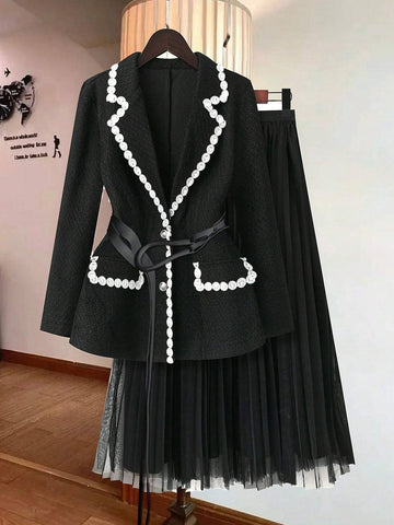 Privé Fashionable Office Lady Lapel Collar Long Sleeve Tweed Jacket And Elastic Waist A-Line Mesh Pleated Skirt