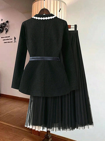 Privé Fashionable Office Lady Lapel Collar Long Sleeve Tweed Jacket And Elastic Waist A-Line Mesh Pleated Skirt