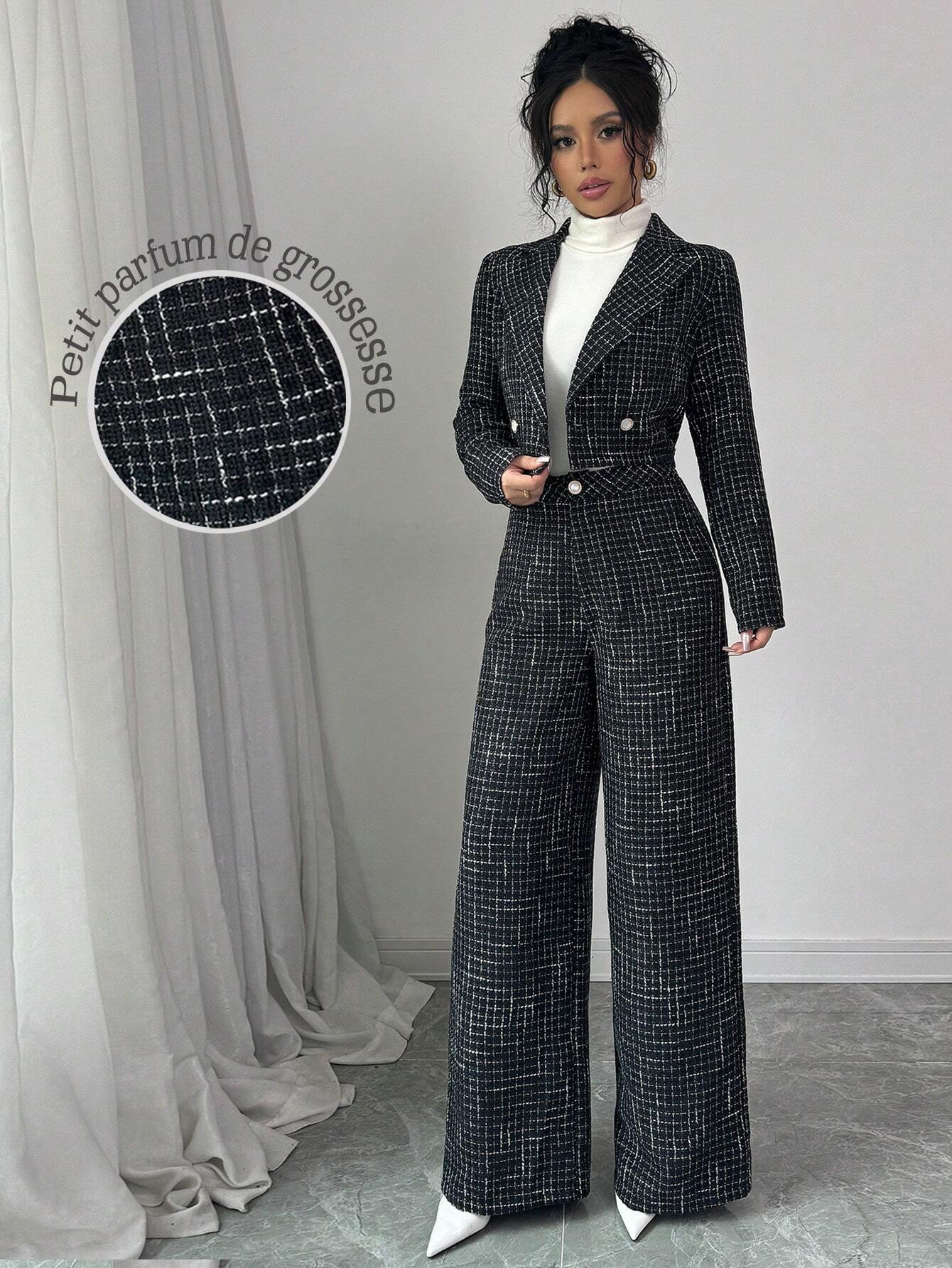 Modely 2pcs Women Elegant Set - Plaid Printed Double-Breasted Long Sleeve Blazer Jacket & Loose Fit Trousers