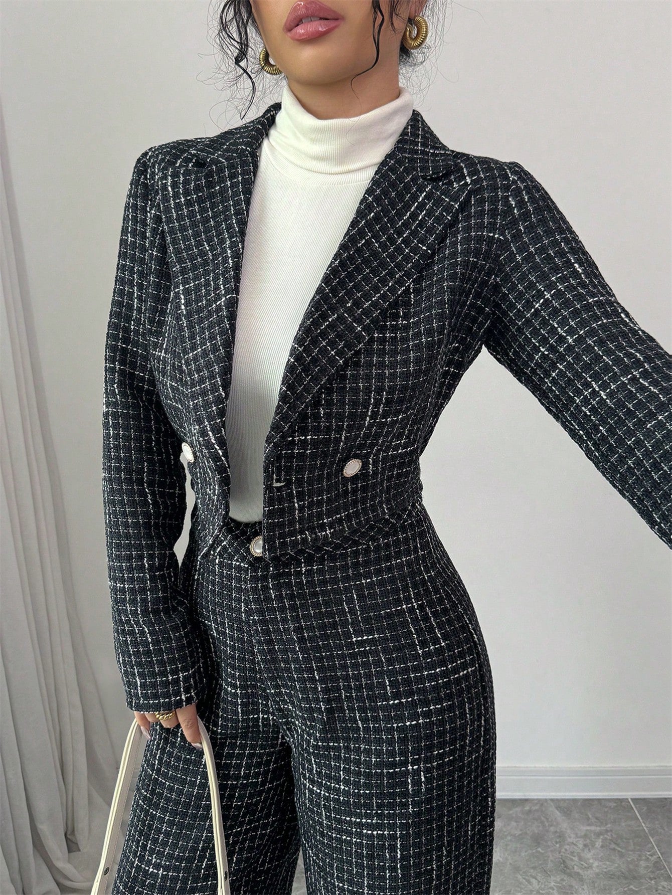 Modely 2pcs Women Elegant Set - Plaid Printed Double-Breasted Long Sleeve Blazer Jacket & Loose Fit Trousers