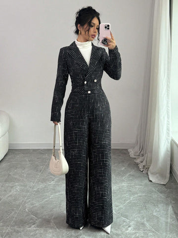 Modely 2pcs Women Elegant Set - Plaid Printed Double-Breasted Long Sleeve Blazer Jacket & Loose Fit Trousers