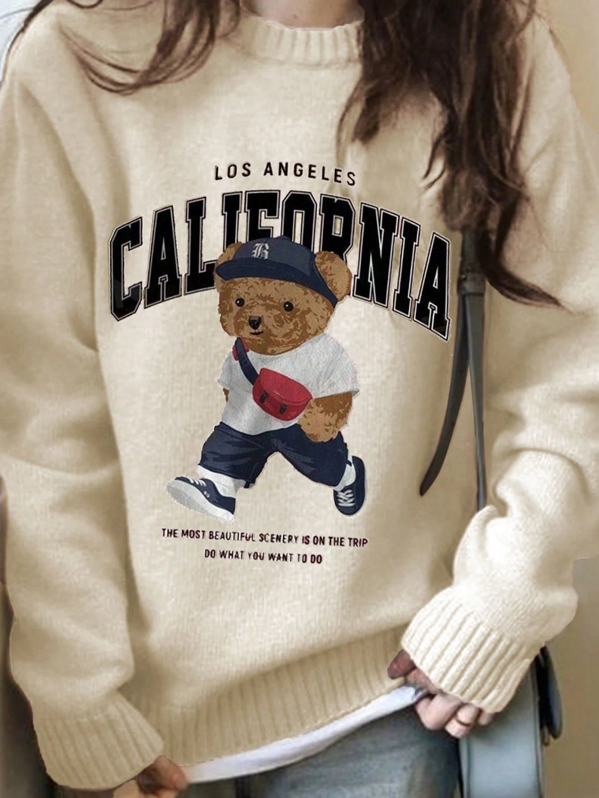 Women Casual Chic Digital Print Warm Pullover Sweatshirt With Cute Bear Pattern