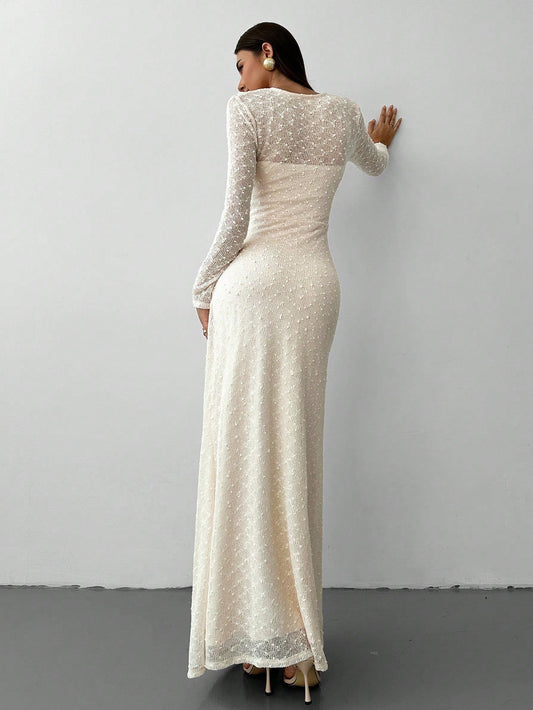 Aloruh New Style Elegant Square Collar Jacquard Knit Extra Long Dress