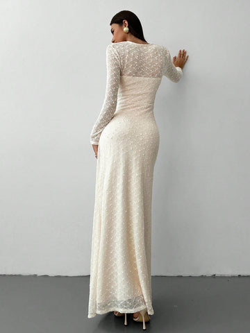Aloruh New Style Elegant Square Collar Jacquard Knit Extra Long Dress