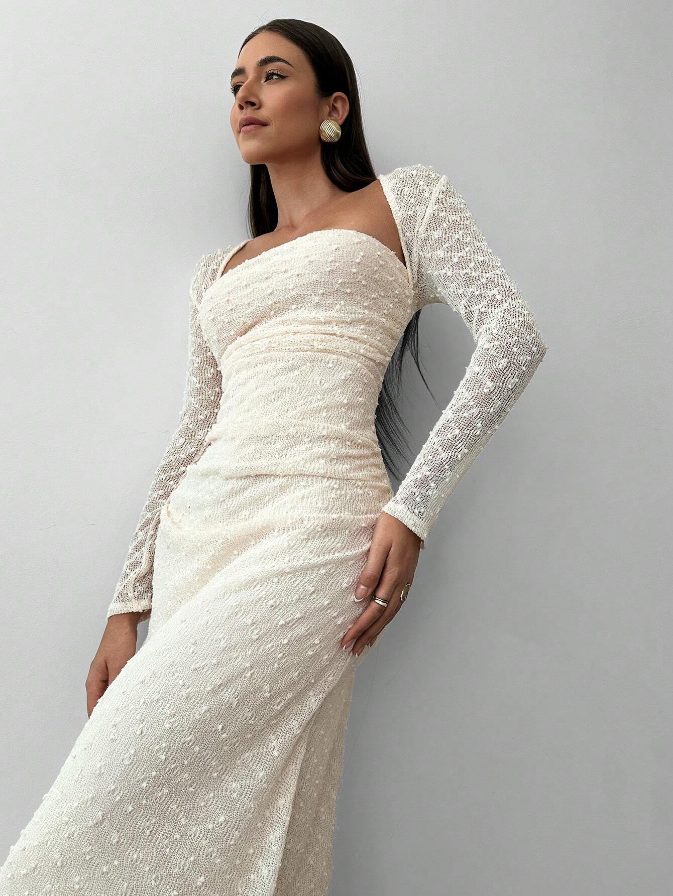 Aloruh New Style Elegant Square Collar Jacquard Knit Extra Long Dress