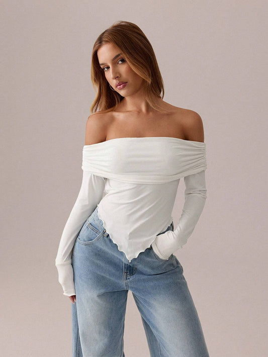 SXY Asymmetric Pleated Solid  Long Sleeve T-Shirt