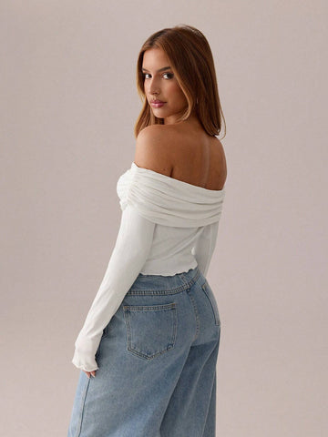 SXY Asymmetric Pleated Solid  Long Sleeve T-Shirt
