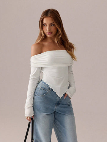 SXY Asymmetric Pleated Solid  Long Sleeve T-Shirt