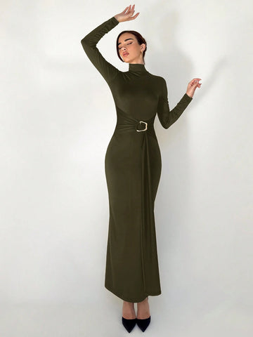 New Slim Fit Warm Stand Collar Long Sleeve Cinched Waist Extra-Long Versatile Knit Dress