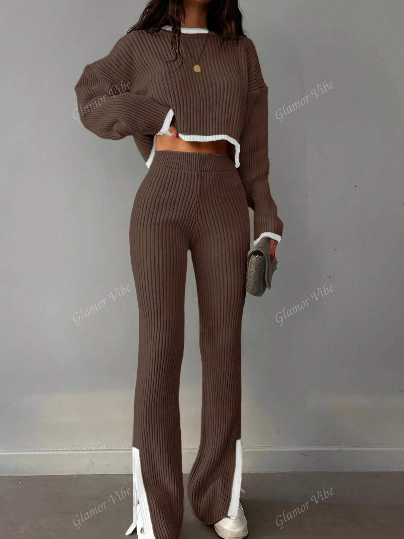 Women's Casual Chic Short Sleeve Contrast Color Side Slit Knit Suit