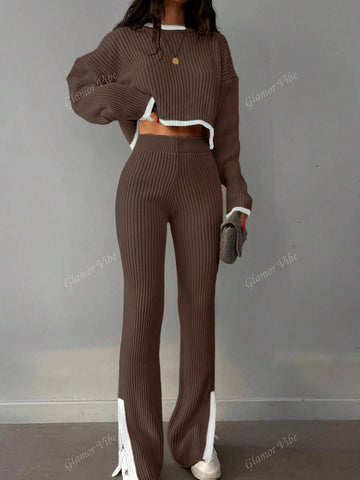 Women's Casual Chic Short Sleeve Contrast Color Side Slit Knit Suit