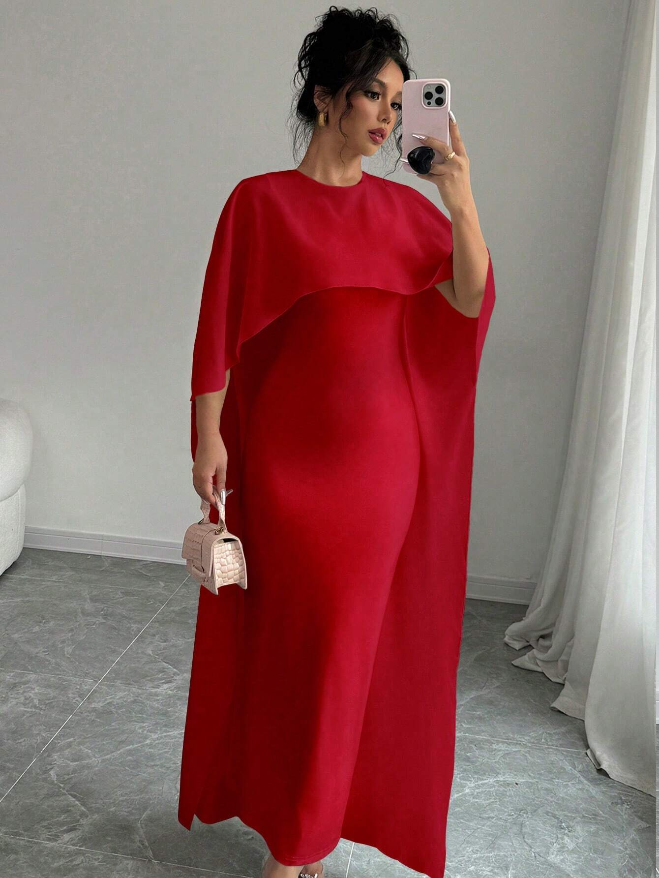 1pc Elegant Women's Solid Batwing Sleeve Long Dress