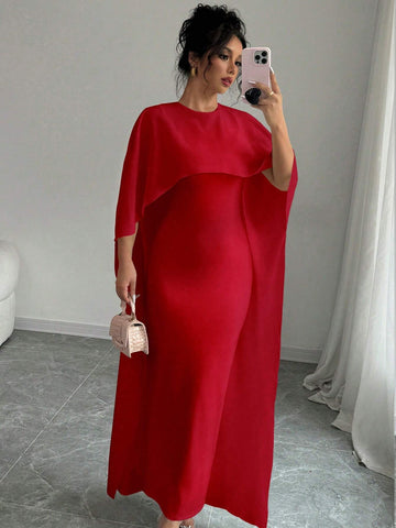 1pc Elegant Women's Solid Batwing Sleeve Long Dress