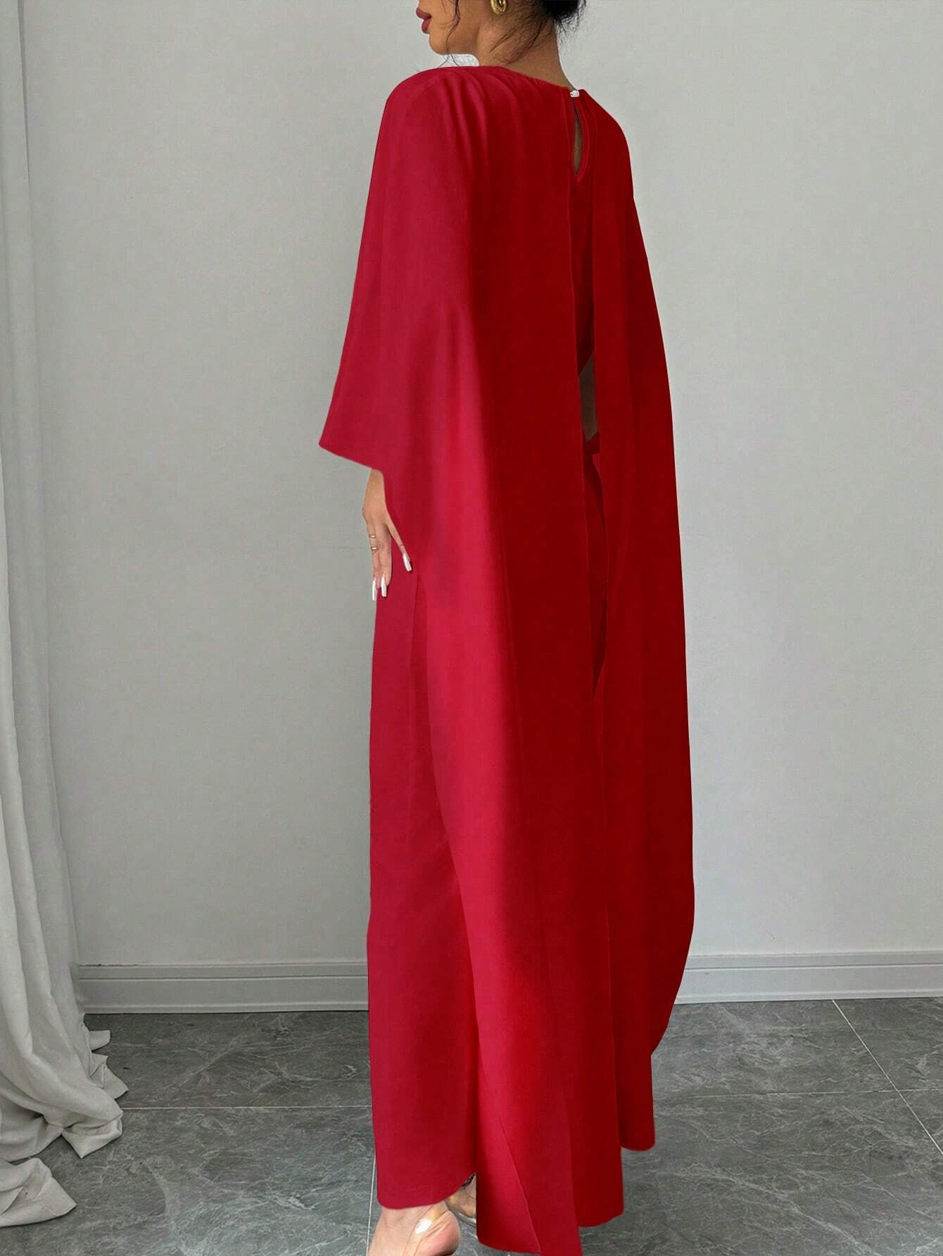1pc Elegant Women's Solid Batwing Sleeve Long Dress