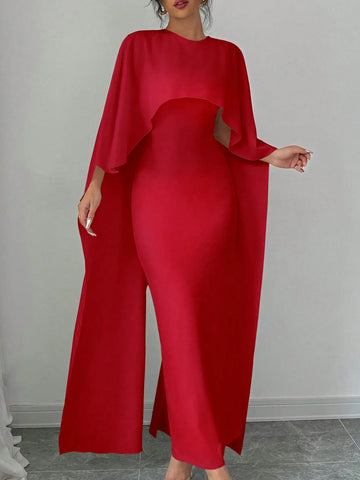 1pc Elegant Women's Solid Batwing Sleeve Long Dress