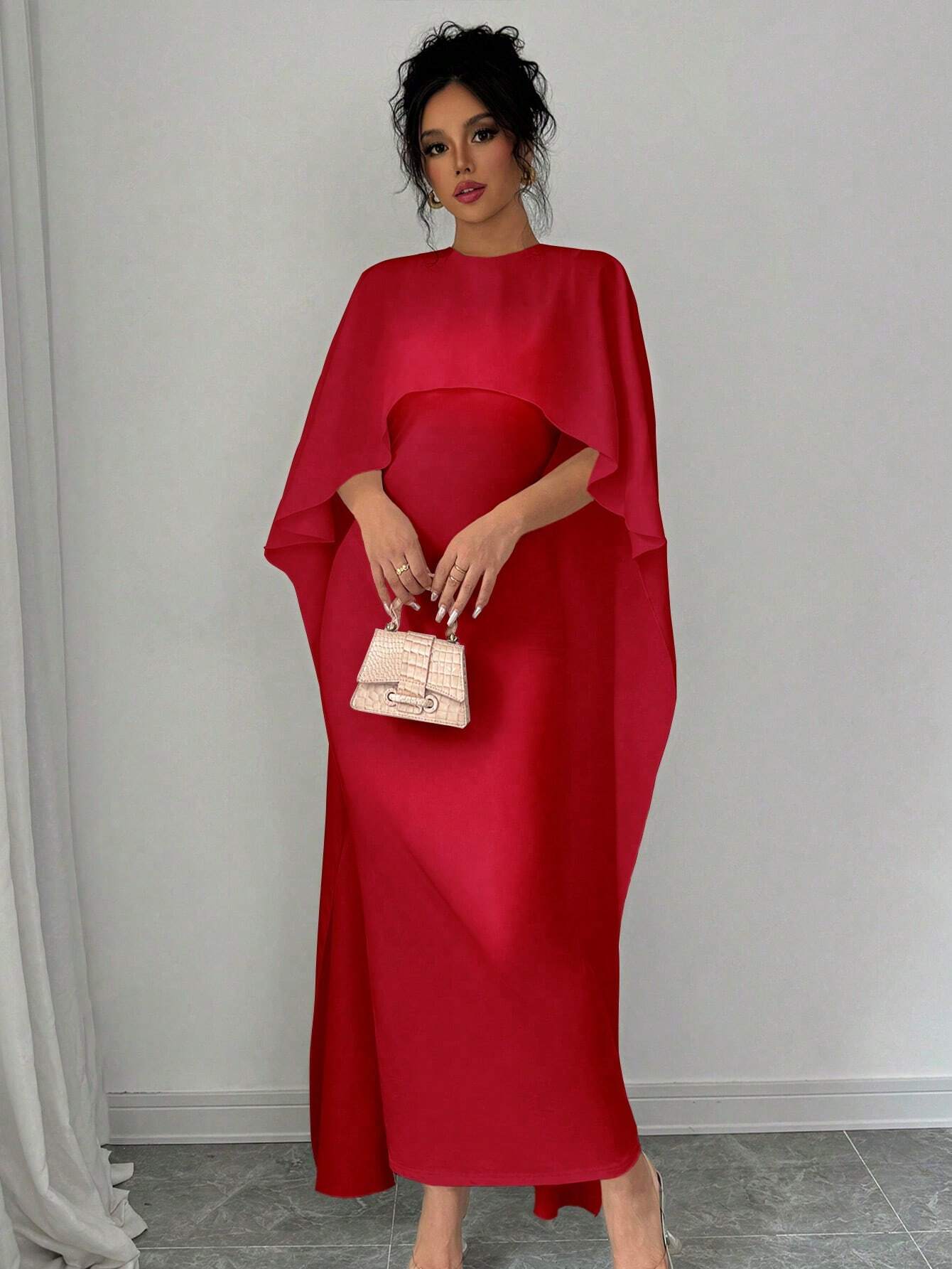 1pc Elegant Women's Solid Batwing Sleeve Long Dress