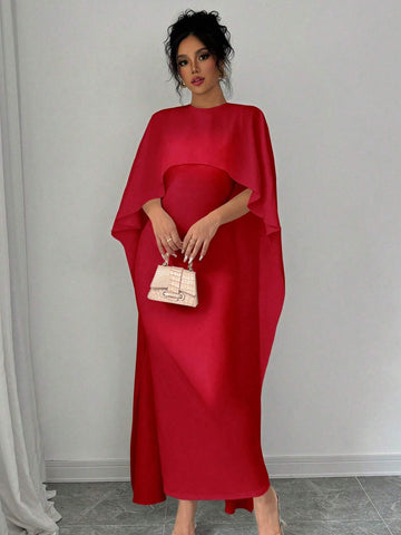 1pc Elegant Women's Solid Batwing Sleeve Long Dress