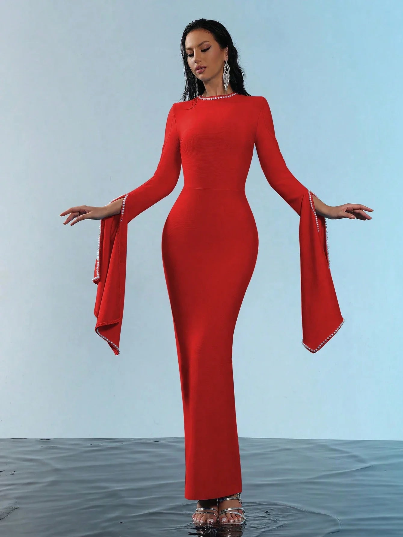 New Round Neck Bell Sleeve Beaded High Stretch Sexy Bodycon Long Bandage Dress