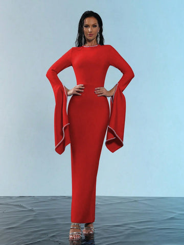 New Round Neck Bell Sleeve Beaded High Stretch Sexy Bodycon Long Bandage Dress