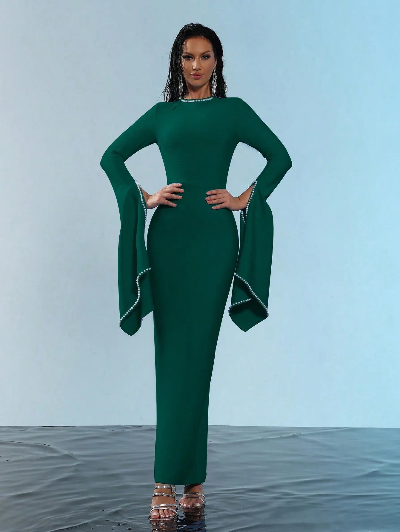 New Round Neck Bell Sleeve Beaded High Stretch Sexy Bodycon Long Bandage Dress