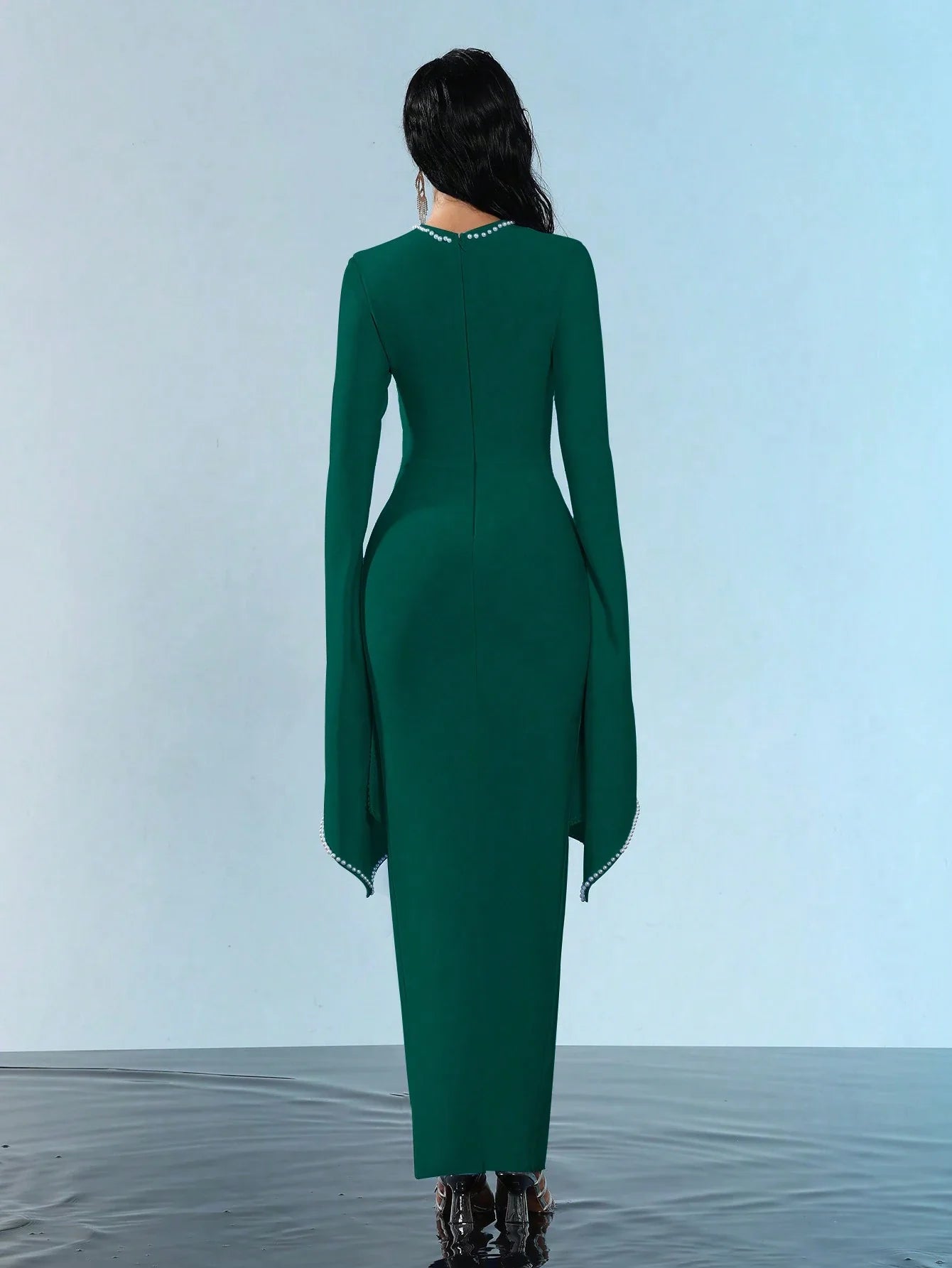 New Round Neck Bell Sleeve Beaded High Stretch Sexy Bodycon Long Bandage Dress