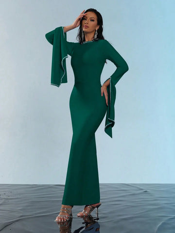 New Round Neck Bell Sleeve Beaded High Stretch Sexy Bodycon Long Bandage Dress