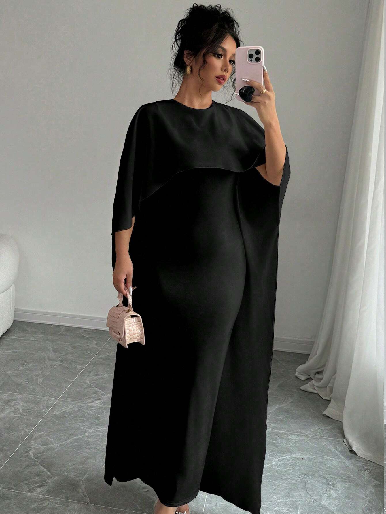 1pc Elegant Women's Solid Batwing Sleeve Long Dress