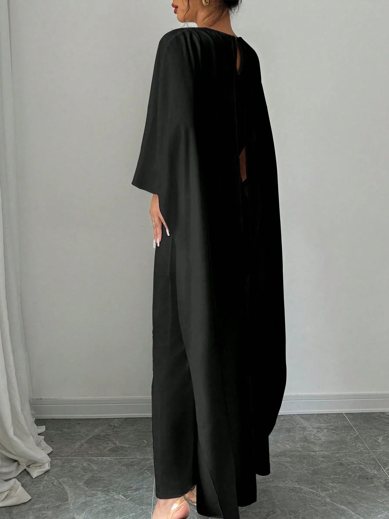 1pc Elegant Women's Solid Batwing Sleeve Long Dress