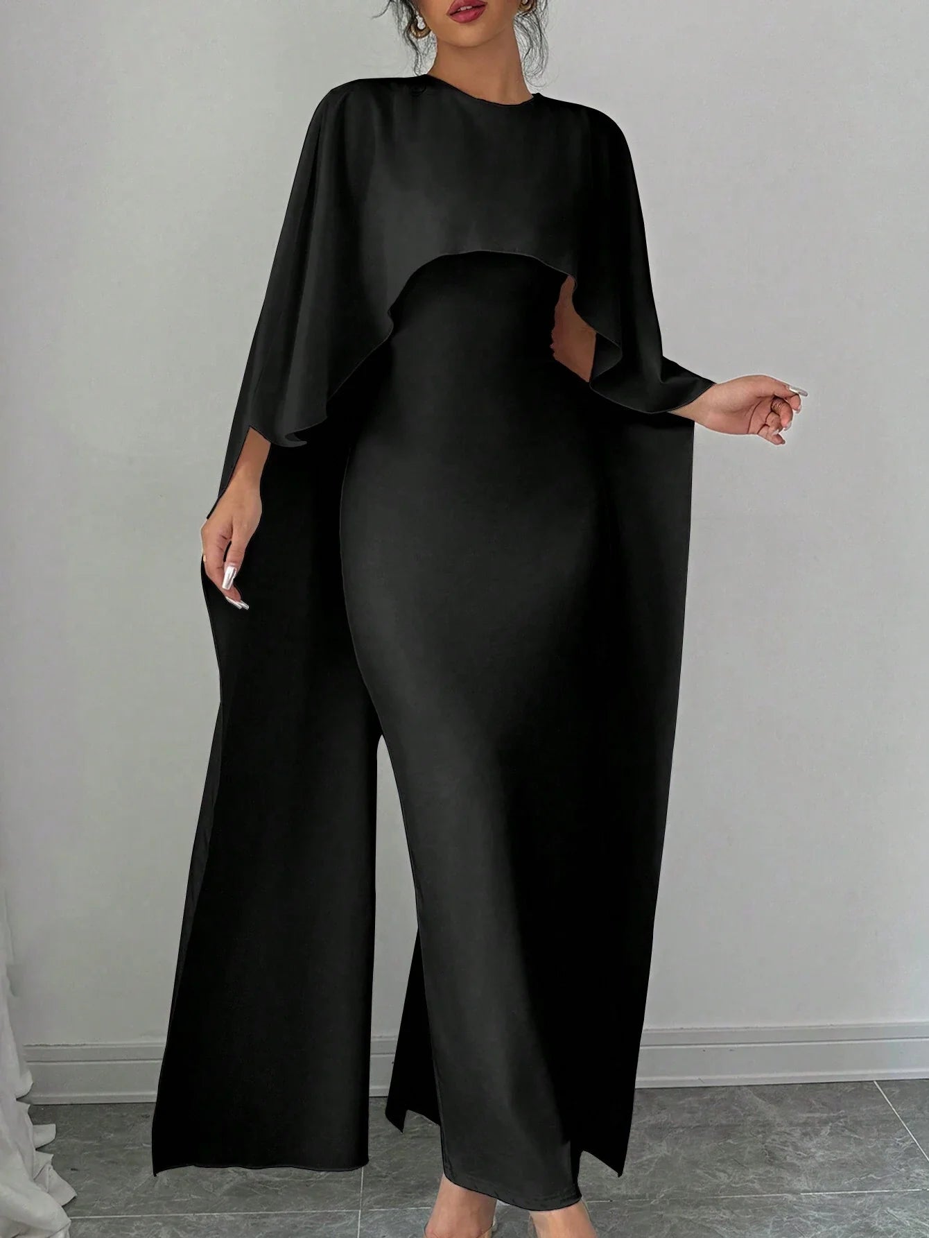 1pc Elegant Women's Solid Batwing Sleeve Long Dress