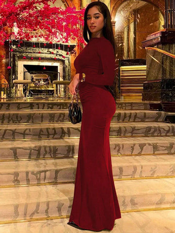 Fashionable Pleated Round Neck Long Sleeve Bodycon Dress