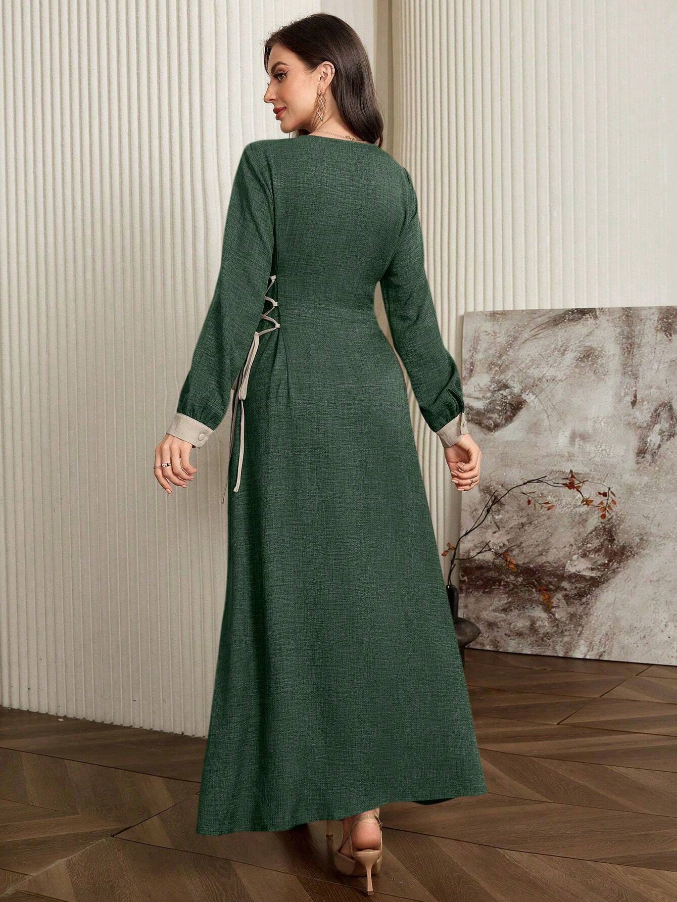 Modely Women's Color Block Lapel Long Sleeve Side Tie Waist Elegant Arabian Modest Dress