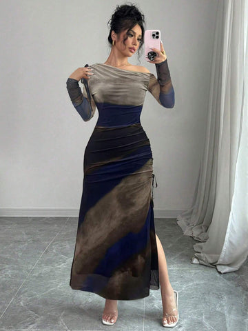 Elegant Tie Dye Gradient Ruched Mesh Leopard Print Asymmetrical Neck High Slit Dress