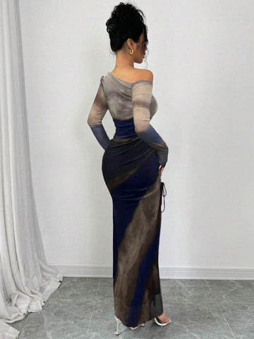 Elegant Tie Dye Gradient Ruched Mesh Leopard Print Asymmetrical Neck High Slit Dress
