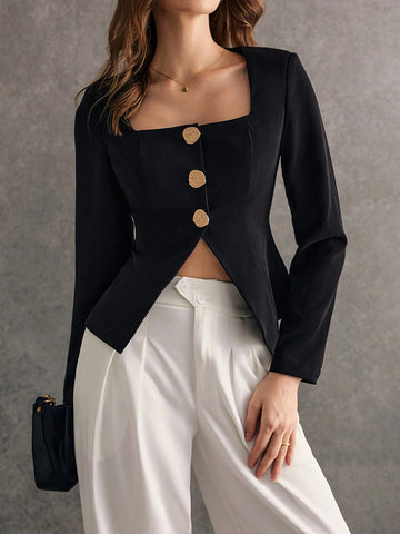 Poéselle Women's Solid Color Square Neckline Button Front Elegant Long Sleeve Regular Jacket