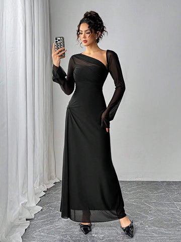 Siren Gaze Women's Solid Color Mesh Patchwork Asymmetrical Collar Long Sleeve Elegant Dress
