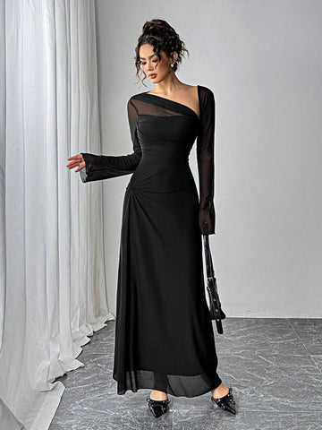 Siren Gaze Women's Solid Color Mesh Patchwork Asymmetrical Collar Long Sleeve Elegant Dress