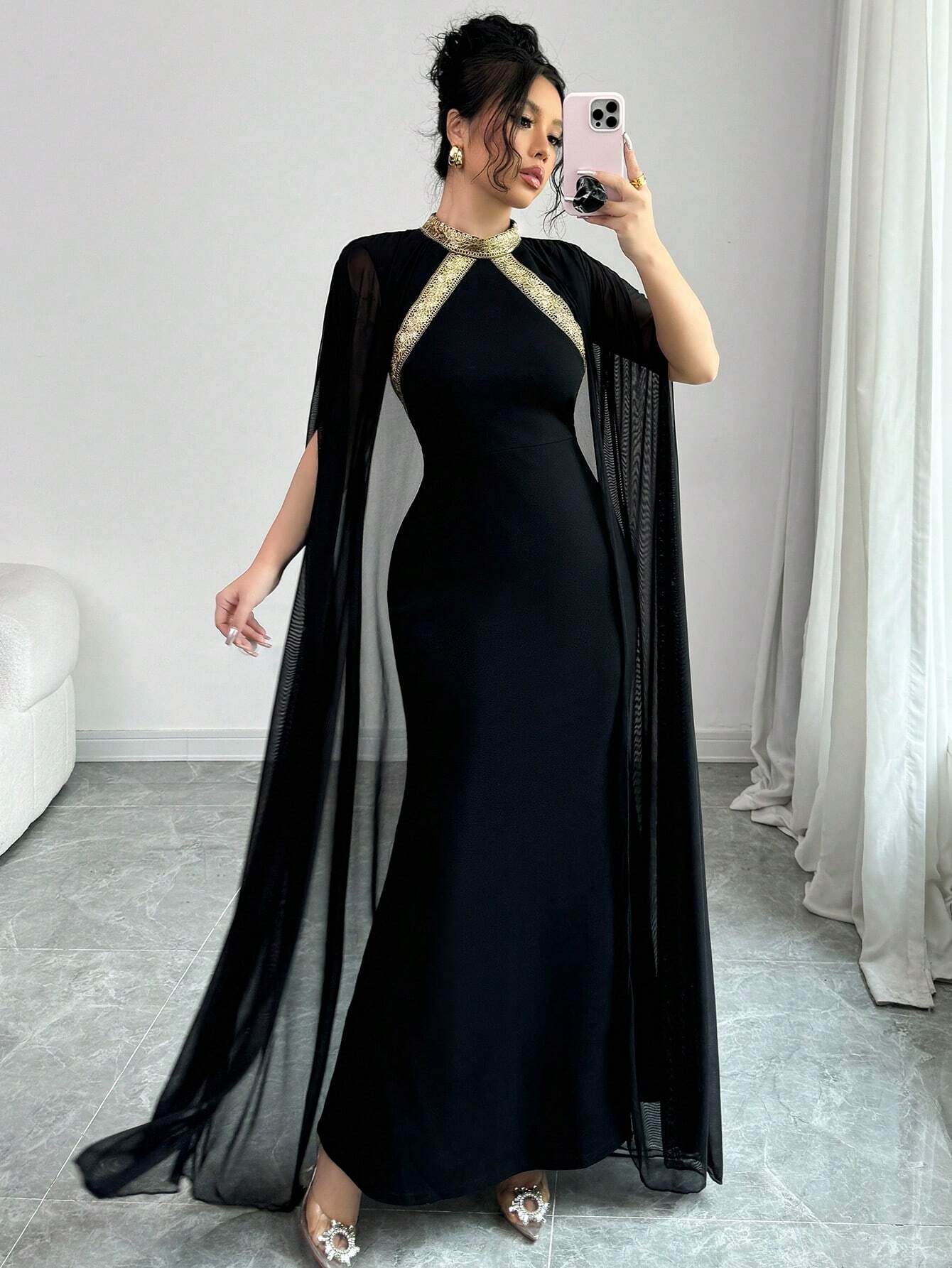 Elenzga Color Block Decor Stand Collar Elegant Batwing Sleeve Mermaid Hem Fashion Dress