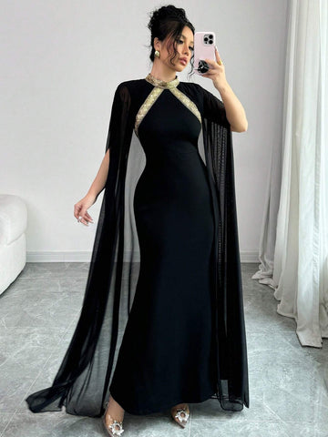 Elenzga Color Block Decor Stand Collar Elegant Batwing Sleeve Mermaid Hem Fashion Dress