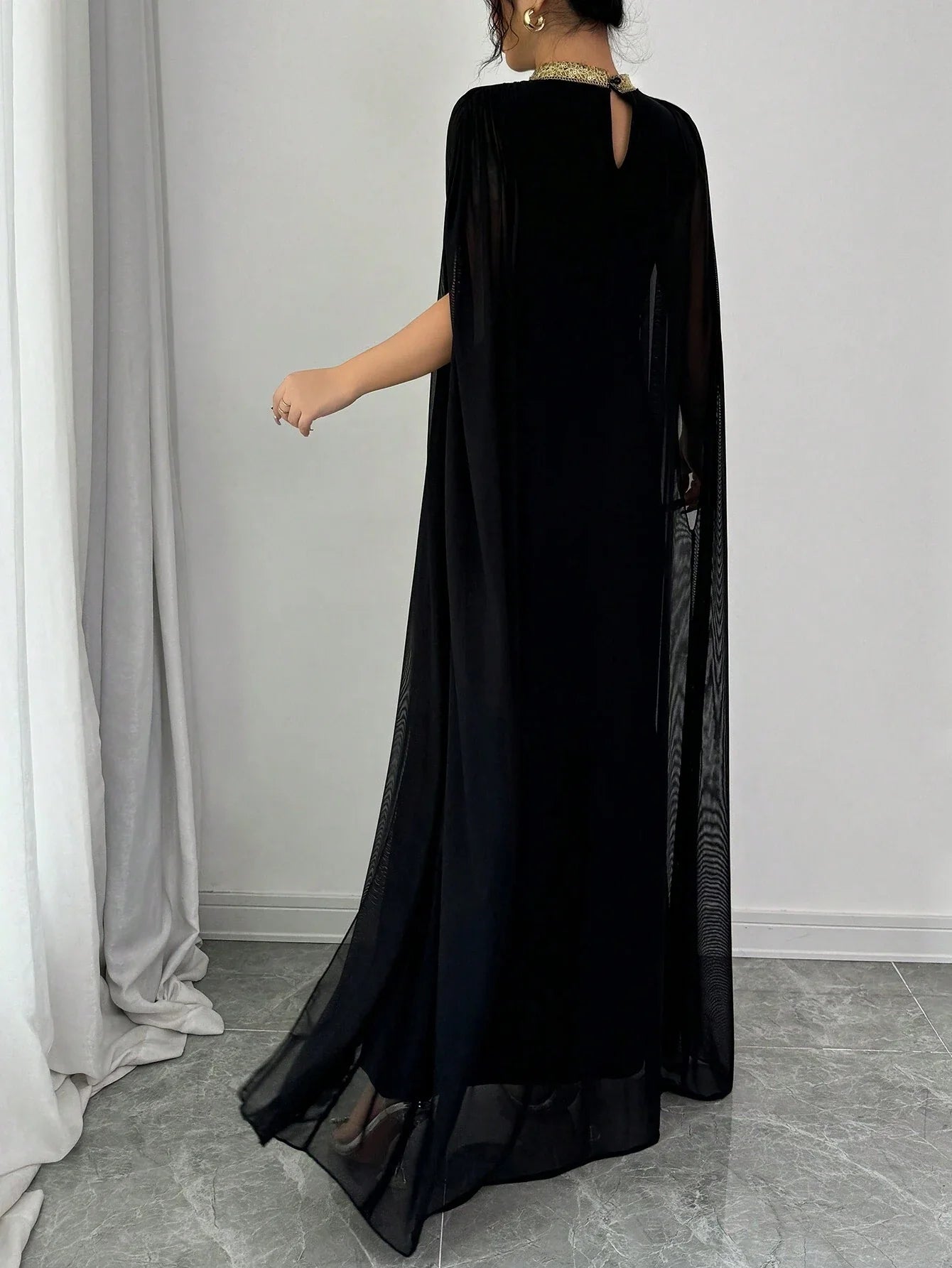 Elenzga Color Block Decor Stand Collar Elegant Batwing Sleeve Mermaid Hem Fashion Dress