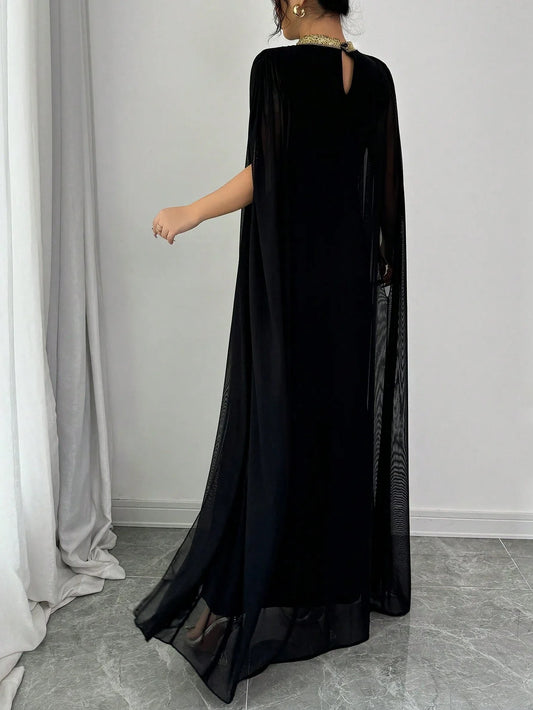 Elenzga Color Block Decor Stand Collar Elegant Batwing Sleeve Mermaid Hem Fashion Dress