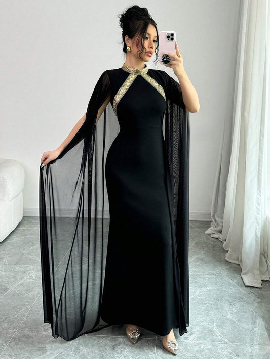 Elenzga Color Block Decor Stand Collar Elegant Batwing Sleeve Mermaid Hem Fashion Dress