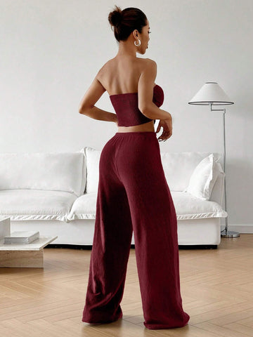 EZwear 2pcs Women Plain Color Asymmetrical Hem Pleated Drawstring Bandeau Top And Long Pants Set