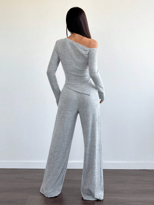 Women Winter Casual Fuzzy Asymmetrical Off-Shoulder Top With Loose Wide-Leg Pants