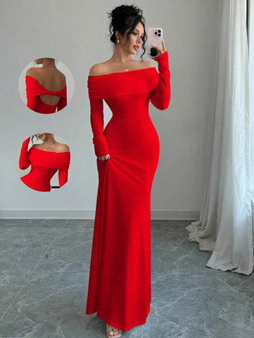 Elegant Fitted Long Sleeve Cinched Waist Double Layer Off-Shoulder Backless Twist Fishtail Hem Ribbed Knit Dress