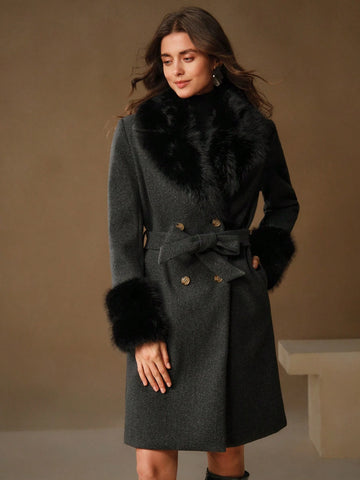 Anewsta Women's Faux Fur Collar Wool Blend Long Belted Coat,